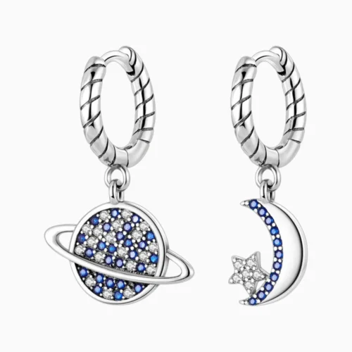 Aretes Huggies De Plata Luna y Planeta