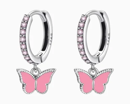 Aretes Huggies De Plata Mariposa Rosa