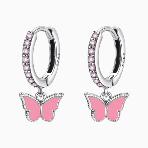 Aretes Huggies De Plata Mariposa Rosa