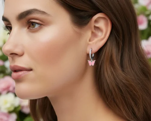 Aretes Huggies De Plata Mariposa Rosa