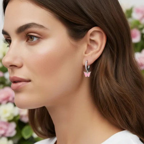 Aretes Huggies De Plata Mariposa Rosa