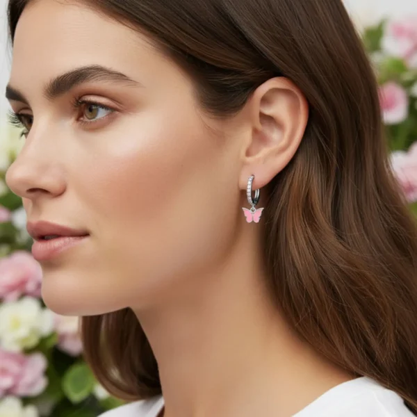 Aretes Huggies De Plata Mariposa Rosa Aretes Huggies De Plata Mariposa Rosa