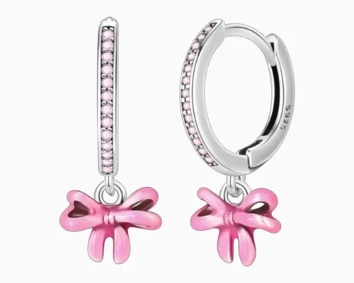 Aretes Huggies De Plata Moño Rosa