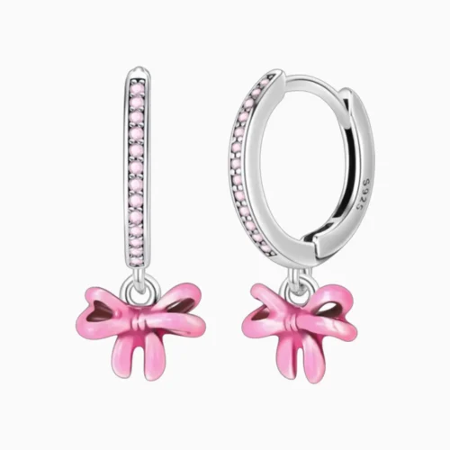 Aretes Huggies De Plata Moño Rosa