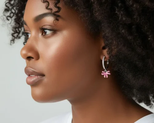 Aretes Huggies De Plata Moño Rosa