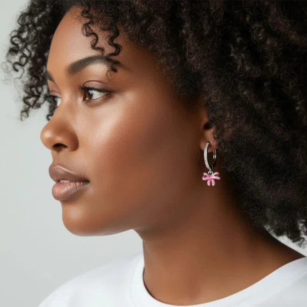Aretes Huggies De Plata Moño Rosa