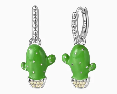 Aretes Huggies De Plata Nopal Verde