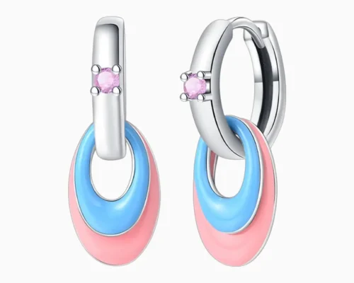 Aretes Huggies De Plata Ovalos Rosa Y Azul