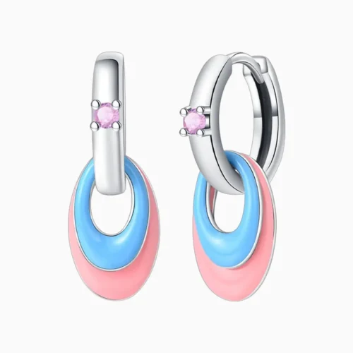 Aretes Huggies De Plata Ovalos Rosa Y Azul