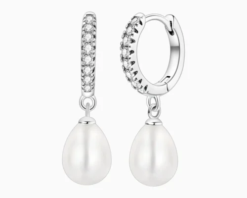 Aretes Huggies De Plata Perla Colgante