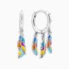 Aretes Huggies De Plata Plumas Multicolor