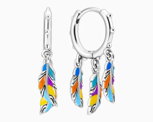 Aretes Huggies De Plata Plumas Multicolor