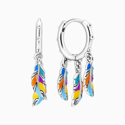 Aretes Huggies De Plata Plumas Multicolor