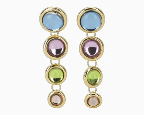 Aretes Largos De Oro Botones De Color