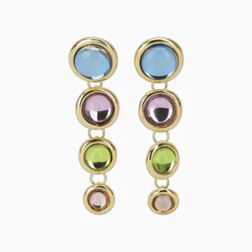 Aretes Largos De Oro Botones De Color