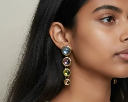 Aretes Largos De Oro Botones De Color