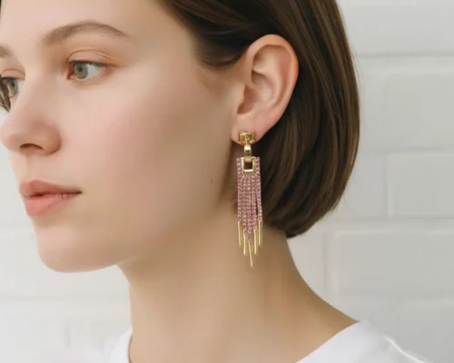 Aretes Largos De Oro Colgantes Fucsia