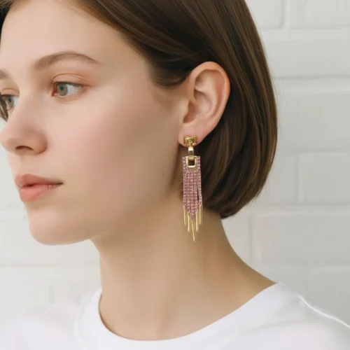 Aretes Largos De Oro Colgantes Fucsia