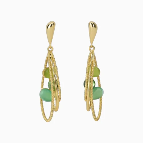 Aretes Largos De Oro Piedras Verdes