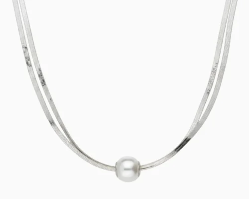 Collar De Oro Blanco Doble Con Perla Collar De Oro Blanco Doble Con Perla
