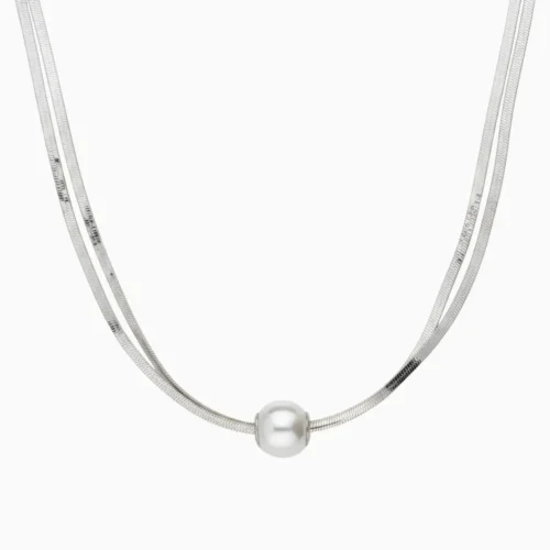 Collar De Oro Blanco Doble Con Perla