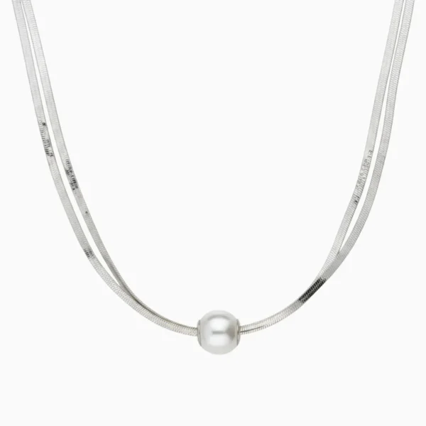 Collar De Oro Blanco Doble Con Perla