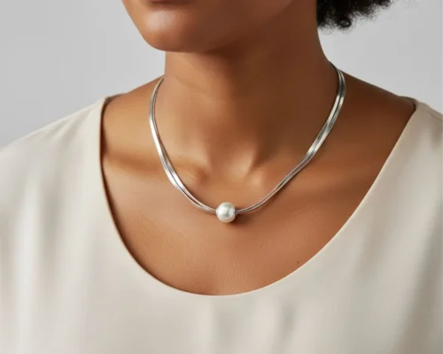 Collar De Oro Blanco Doble Con Perla