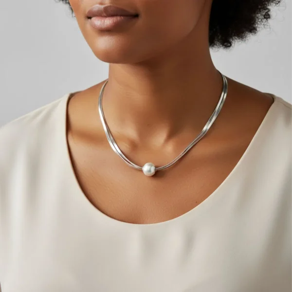 Collar De Oro Blanco Doble Con Perla