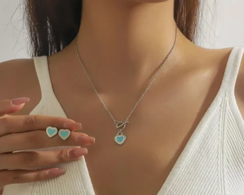 Collar De Acero Dije Corazon Turquesa