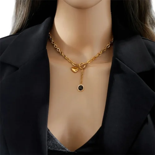 Collar De Acero Dije Corazon y Piedra