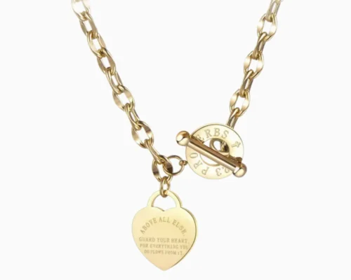 Collar De Acero Placa Corazon Dorado
