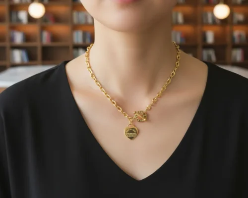 Collar De Acero Placa Corazon Dorado