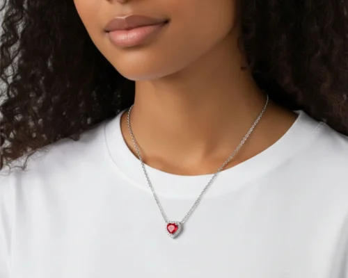 Collar De Plata Corazon Superior Rojo