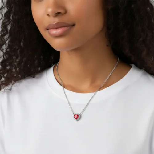 Collar De Plata Corazon Superior Rojo
