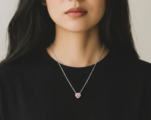 Collar De Plata Corazon Superior Rosa