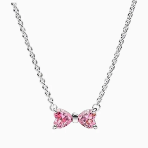 Collar De Plata Dije Moño Rosa