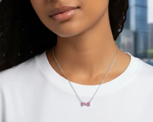 Collar De Plata Dije Moño Rosa