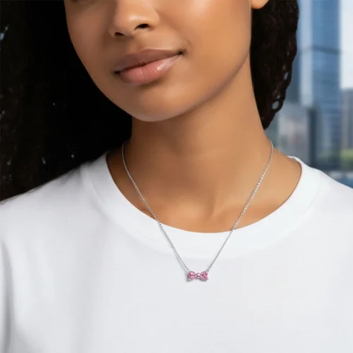 Collar De Plata Dije Moño Rosa