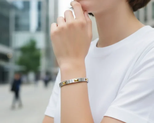 Pulsera De Acero Cuadros Dorados