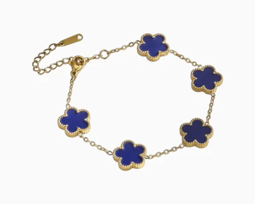 Pulsera De Acero Flor 5 Hojas Azul Dorado