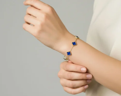 Pulsera De Acero Flor 5 Hojas Azul Dorado