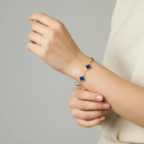 Pulsera De Acero Flor 5 Hojas Azul Dorado