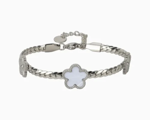 Pulsera De Acero Flor 5 Hojas Plata Blanco
