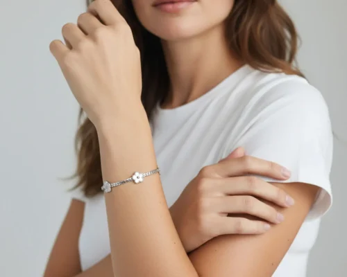 Pulsera De Acero Flor 5 Hojas Plata Blanco