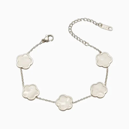Pulsera De Acero Flor 5 Hojas Plateado Blanco
