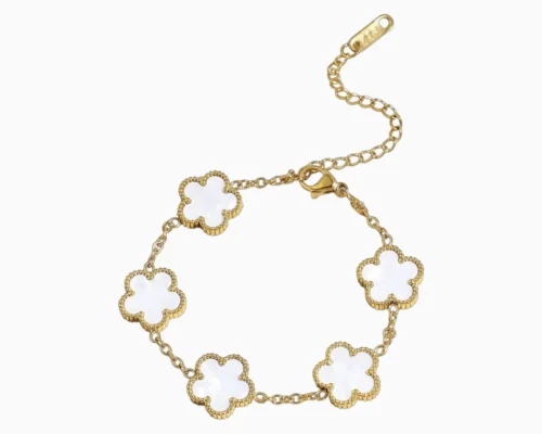 Pulsera De Acero Flor 5 Hojas Blanco Dorado