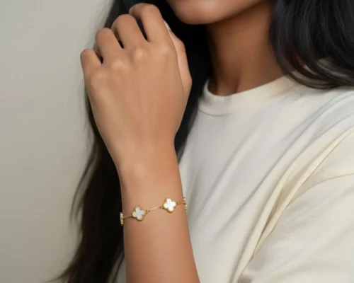 Pulsera De Acero Flor 5 Hojas Blanco Dorado