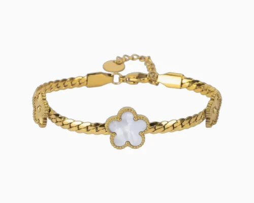 Pulsera De Acero Flor 5 Hojas Dorado Blanco