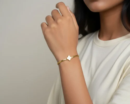 Pulsera De Acero Flor 5 Hojas Dorado Blanco