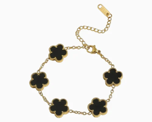 Pulsera De Acero Flor 5 Hojas Negro Dorado